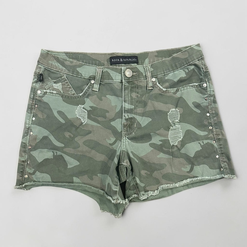 Rock & Republic Hula Camo Shorts 10 Distressed Studded Raw Hem Edgy Grunge Goth